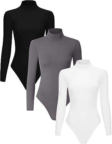 Chongbaijia 3 Stück Damen Mock Rollkragen Langarm Bodysuit T Shirts Body Suit Tops, Schwarz/Weiß/Grau, XS von Chongbaijia