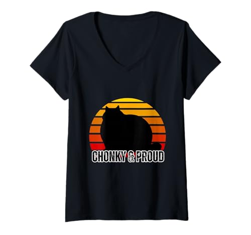 Damen Chonky & Proud Katzen-Silhouette Retro T-Shirt mit V-Ausschnitt Damen Chonky & Proud Katzen-Silhouette Retro T-Shirt mit V-Ausschnitt von Chonky Cat Enthusiasts Retro Lovers