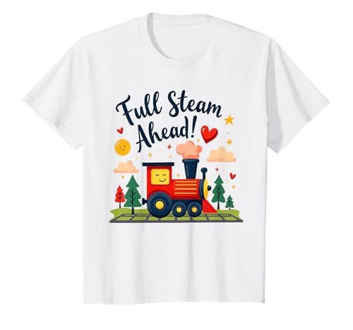 Kinder Full Steam Ahead lächelnder Cartoon-Zug Lokomotive Kunst T-Shirt Kinder Full Steam Ahead lächelnder Cartoon-Zug Lokomotive Kunst T-Shirt von Choo Choo Smile Apparel