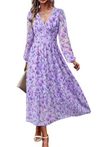 Damen V-Ausschnitt Langarm Wrap Maxikleid A Linie Empire-Taille Herbst Hochzeit Gast Party Casual Chiffon Kleid, Violette Blume, Klein von ChooTeeYeen