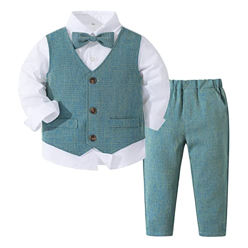 Choomomo Baby Jungen Anzug Langarm Hemd + Weste + Hose Smoking Kleinkinder Gentleman Outfit Festlich Taufanzug Hochzeitanzug Cyan Q 80-86 von Choomomo