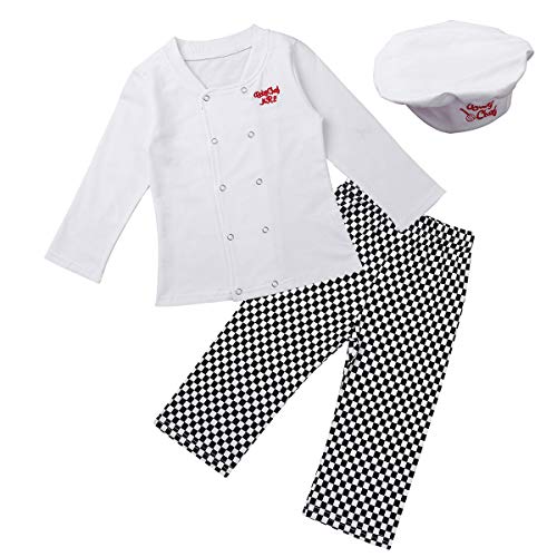 Choomomo Baby Jungen Koch Set Baumwolle Chef Uniform Langarm Kochjacke + Hose + Kochmütze Bekleidungsset Für Halloween Party Cosplay Weiß 80-86 von Choomomo