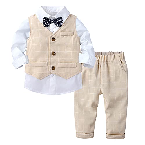 Choomomo Baby Jungen Taufanzug Hochzeitanzug Bekleidungset Festliche Gentleman Outfit Baumwolle Langarm Hemd + Fliege Weste Hose Beige 86-92 von Choomomo