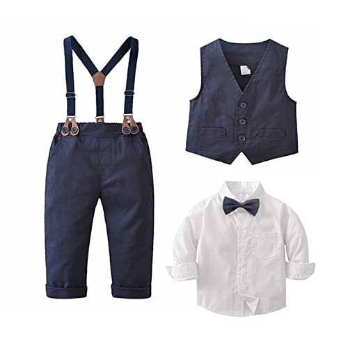 Choomomo Baby Jungen Taufanzug Hochzeitanzug Bekleidungset Festliche Gentleman Outfit Baumwolle Langarm Hemd + Fliege Weste Hose Navy Blau T 86-92 von Choomomo