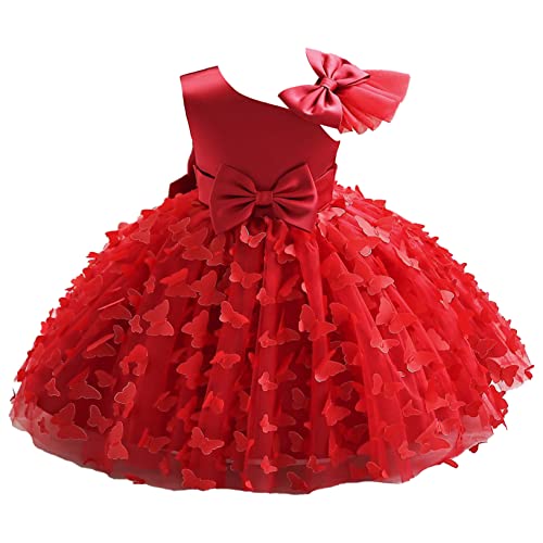 Choomomo Baby Mädchen Kleid Prinzessin Kleid Off-Shoulder Partykleid Tüll Spitzen Partykleid Taufkleid Kleinkinder Hochzeit Brautkleid Rot 86-92 von Choomomo