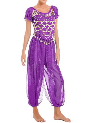 Choomomo Bauchtanz Kostüme Damen Glänzend Crop Top Mit Laterne Hosen Professionel Karneval Belly Indischer Performance Tanzbekleidung Violett XL von Choomomo