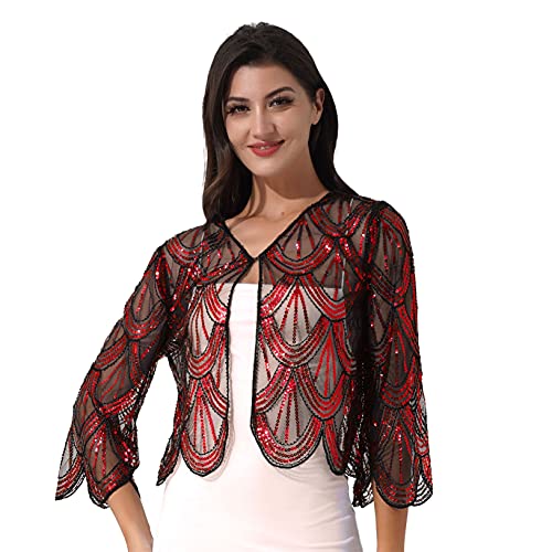 Choomomo Bolero Damen Jacke Festlich Spitzen Jäckchen Für Abendkleid Hochzeit Party Elegant Schulterjacke Spitzenjacke Spitzenbolero Rot Einheitsgröße von Choomomo
