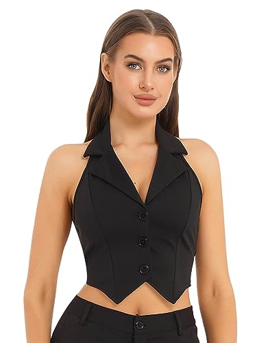 Choomomo Damen Anzugweste Kellnerweste V-Ausschnitt Freizeit Vintage Weste Slim Fit Tops Blazer Anzug Jacke Tank Top Hemdbluse Outwear Schwarz M von Choomomo