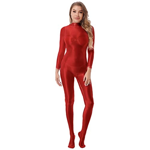 Choomomo Damen Body Langarm glänzende Bodysuit Einteiler Nylon Overall Ganzanzug mit Rückenreißverschluss Party Sport Clubwear Rot XL Choomomo Damen Body Langarm glänzende Bodysuit Einteiler Nylon Overall Ganzanzug mit Rückenreißverschluss Party Sport Clubwear Rot XL von Choomomo