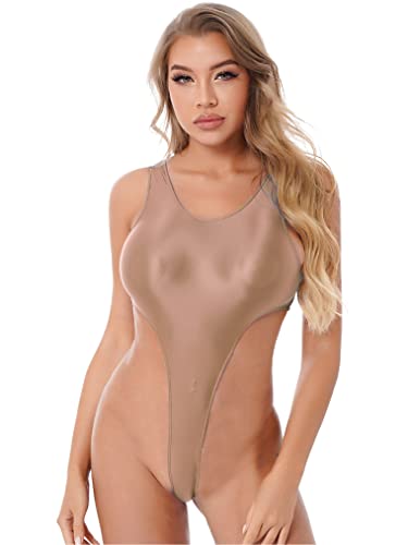 Choomomo Damen Einteiliger Badeanzug Ärmellos Bodysuit Glossy Stringbody High Cut Thong String Bikini Monokini Bademode Swimsuit Swimwear Kaffee L von Choomomo