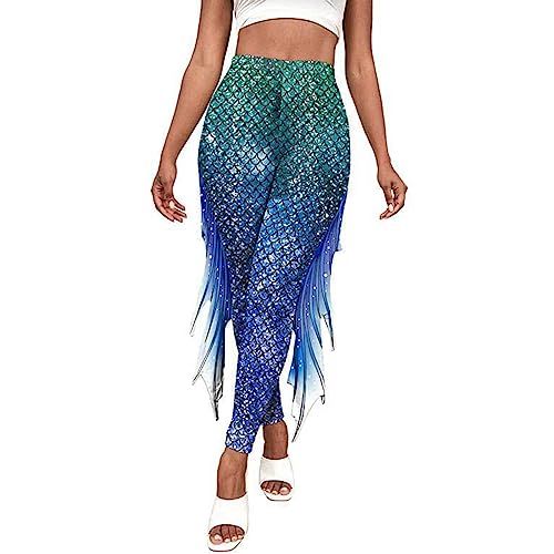 Choomomo Damen Fischschuppe Leggings Mermaid Meerjungfrau Kostüm Glänzend Hose Pants Strumpfhose Fasching Karneval Party Cosplay Verkleidung Grün blau XL von Choomomo