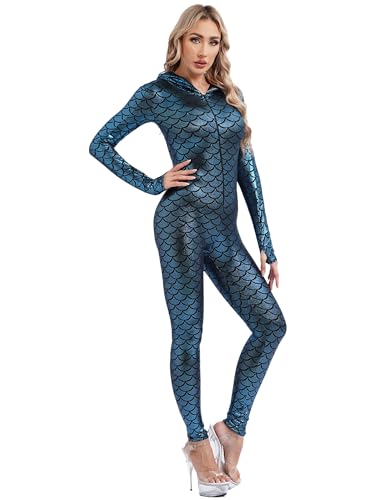 Choomomo Damen Ganzkörperanzug Stretchy Fischschuppen Print Hooded Jumpsuit Frauen Metallic Party Outfits Kostüm Catsuit Yoga Leggings Overalls Blau XL von Choomomo