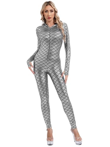 Choomomo Damen Ganzkörperanzug Stretchy Fischschuppen Print Hooded Jumpsuit Frauen Metallic Party Outfits Kostüm Catsuit Yoga Leggings Overalls Silber XL von Choomomo