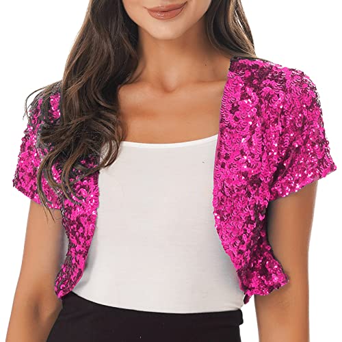 Choomomo Damen Glänzend Bolero Kurzarm Schulterjacke Vorne Offen Bolerojacke Festlich Cardigan Kurze Jäckchen Zum Festlich Hochzeit Braut Party Ball Kleid Hot Pink Einheitsgröße von Choomomo