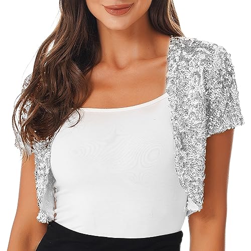 Choomomo Damen Glänzend Bolero Kurzarm Schulterjacke Vorne Offen Bolerojacke Festlich Cardigan Kurze Jäckchen Zum Festlich Hochzeit Braut Party Ball Kleid Silber Einheitsgröße von Choomomo