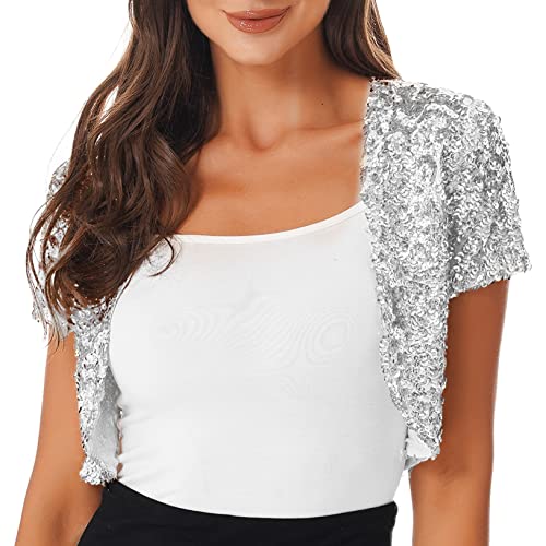 Choomomo Damen Glänzend Bolero Kurzarm Schulterjacke Vorne Offen Bolerojacke Festlich Cardigan Kurze Jäckchen Zum Festlich Hochzeit Braut Party Ball Kleid Silber Einheitsgröße von Choomomo