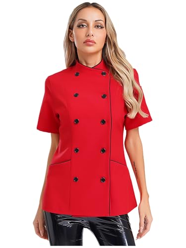 Choomomo Damen Kochjacke Mit Knopf Kurzarm Koch Jacke Bäckerjacke Kochhemd Chef-Uniform Kochkleidung Oberteil Berufsbekleidung Rot XXL von Choomomo