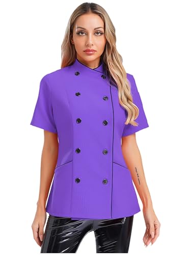 Choomomo Damen Kochjacke Mit Knopf Kurzarm Koch Jacke Bäckerjacke Kochhemd Chef-Uniform Kochkleidung Oberteil Berufsbekleidung Violett L von Choomomo