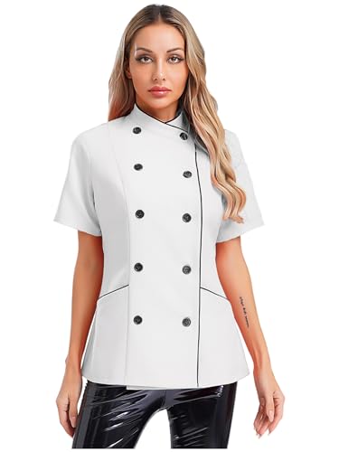 Choomomo Damen Kochjacke Mit Knopf Kurzarm Koch Jacke Bäckerjacke Kochhemd Chef-Uniform Kochkleidung Oberteil Berufsbekleidung Weiß XXL von Choomomo