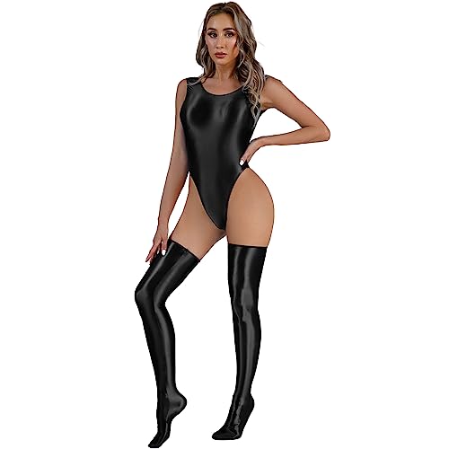 Choomomo Damen Nylon Body Overall Wetlook Bodysuit Sportlich Jumpsuit ärmelloser Trikot Mit Kniestrümpfe Erotik Dessous Reizwäsche Schwarz XL von Choomomo