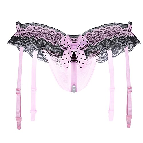 Choomomo Damen Spitze Slips Mit Strumpfhalter Ouvert G-String Sexy Dessous Low Rise Perlen Strings Tanga Erotik Unterwäsche Lingerie Rosa Einheitsgröße von Choomomo