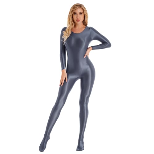 Choomomo Damen Wetlook Body Langarm Bodysuit Nylon Overall Ganzanzug Einteiler Jumpsuit Ballett Trikot Tights Leggings Hose Party Sport Clubwear Grau B XL von Choomomo