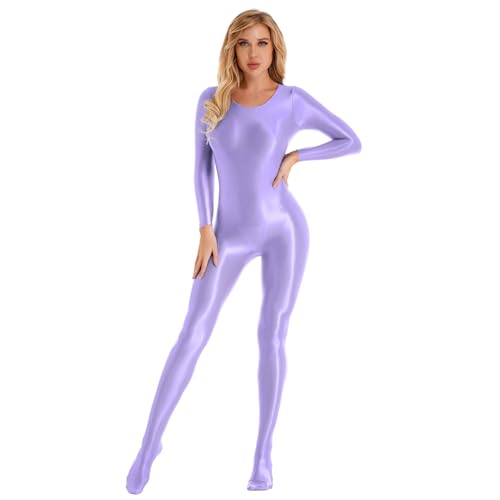 Choomomo Damen Wetlook Body Langarm Bodysuit Nylon Overall Ganzanzug Einteiler Jumpsuit Ballett Trikot Tights Leggings Hose Party Sport Clubwear Hellviolett C M von Choomomo