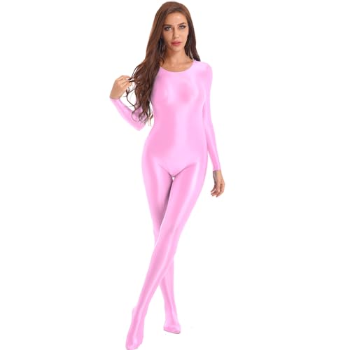 Choomomo Damen Wetlook Body Langarm Bodysuit Nylon Overall Ganzanzug Einteiler Jumpsuit Ballett Trikot Tights Leggings Hose Party Sport Clubwear Rosa B M von Choomomo