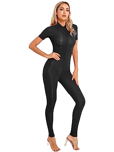 Choomomo Damen Wetlook Body Langarm Bodysuit Nylon Overall Ganzanzug Einteiler Jumpsuit Ballett Trikot Tights Leggings Hose Party Sport Clubwear Schwarz E XL von Choomomo