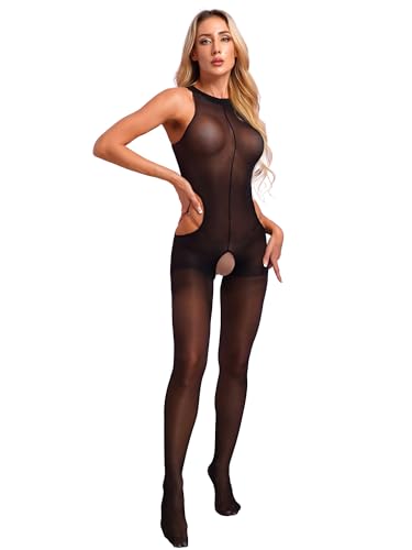 Choomomo Damen Wetlook Body Langarm Bodysuit Nylon Overall Ganzanzug Einteiler Jumpsuit Ballett Trikot Tights Leggings Hose Party Sport Clubwear Schwarz I Einheitsgröße von Choomomo