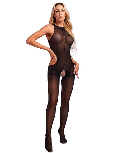Choomomo Damen Ärmelloser Transparent Bodysuit Wetlook Body Nylon Overall Ganzanzug Einteiler Jumpsuit Tights Leggings Hose Party Sport Clubwear Schwarz Einheitsgröße von Choomomo