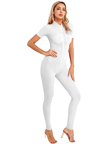 Choomomo Damen Wetlook Body Langarm Bodysuit Nylon Overall Ganzanzug Einteiler Jumpsuit Ballett Trikot Tights Leggings Hose Party Sport Clubwear Weiß E XL von Choomomo