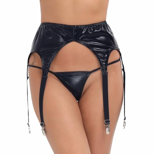 Choomomo Damen Wetlook Strapsgürtel Lackleder Strumpfgürtel Hosenträgern Mit Micro String Tanga Erotik Unterwäsche Hüfthalter Clubwear Schwarz A Einheitsgröße von Choomomo