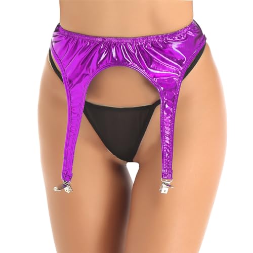 Choomomo Damen Wetlook Strapsgürtel Lackleder Strumpfgürtel Hosenträgern Mit Micro String Tanga Erotik Unterwäsche Hüfthalter Clubwear Violett Einheitsgröße von Choomomo