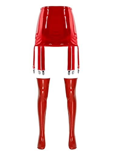 Choomomo Damen Wetlook Strumpfband Stretch Strumpfgürtel Mit Strümpfe Lack Leder Strumpfhalter Strapsgürtel Erotik Reizwäsche Dessous Clubwear Rot M von Choomomo