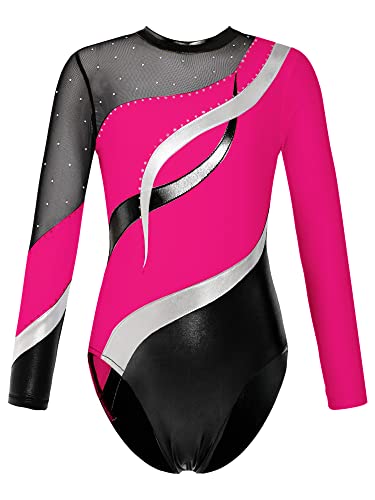 Choomomo Gymnastikanzug Kinder Mädchen Langarm Klassisch Turnanzug Ballettröckchen Trikotanzug Tanz Gymnastik Training Dancewear für Mädchen Heißes Rosa 146-152 von Choomomo