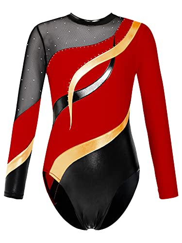 Choomomo Gymnastikanzug Kinder Mädchen Langarm Klassisch Turnanzug Ballettröckchen Trikotanzug Tanz Gymnastik Training Dancewear für Mädchen Rot 170-176 von Choomomo