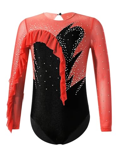 Choomomo Gymnastikanzug Kinder Mädchen Langarm Klassisch Turnanzug Ballettröckchen Trikotanzug Tanz Gymnastik Training Dancewear für Mädchen Rot F 146-152 von Choomomo