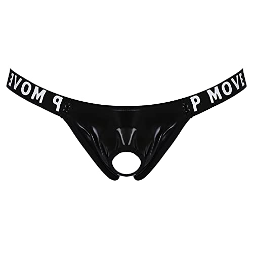 Choomomo Herren Wetlook Strings Ouvert Slip Low Rise Unterhose Sexy Thong Tanga mit Penisloch Erotische Dessous Unterwäsche Micro Mini Bikini Briefs Schwarz L von Choomomo