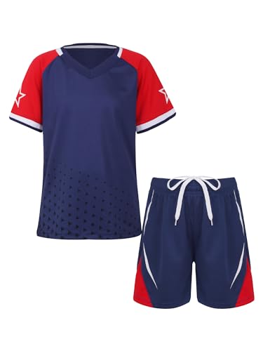 Choomomo Jungen Trainingsanzug Sportanzug Jogginganzug Kurzarm T-Shirt mit Sportshorts Set Fussball Basketball Trikots Sportbekleidung Sportwear Navy blau D 158-164 von Choomomo