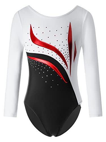 Choomomo Kinder Gymnastik Trikot Mit Pailletten Mädchen Turnanzug Gymnastikanzug Langarm in Tüll Training Gymnastikbody Tanzbekleidung Dancewear Weiß 170-176/15-16 Jahre von Choomomo