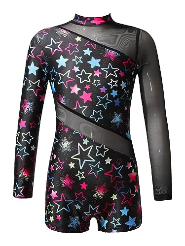 Choomomo Kinder Turnanzug Gymnastikanzug Mädchen Ballett Tanz Trikot Langarm Gymnastikbody Jumpsuit Overall Shorts Tanzbekleidung Dancewear X Stern Schwarz 146-152 von Choomomo