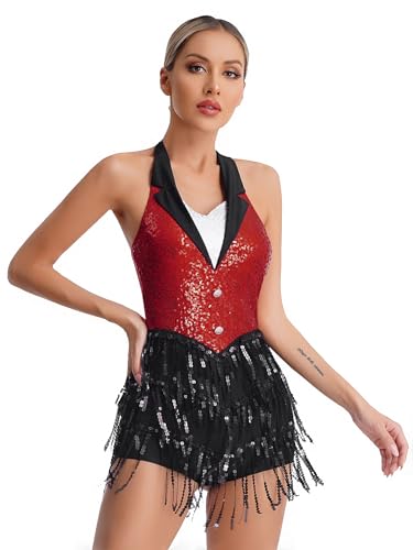 Choomomo Latin Tanzkleid für Damen Glitzer Quaste Gymnastikanzug ärmellose Ballett Trikot Tanz Leotard Jazz Salsa Tango Tanz Kostüm Rot S von Choomomo