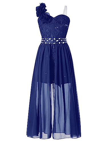 Choomomo Mädchen Festliches Chiffon Kleid Sommer Brautjungfernkleid Asymmetrischer Spitzen Rock Hochzeitskleider Geburtstag Kommunions Outfits Dunkel Blau 134-140/9-10 Jahre von Choomomo