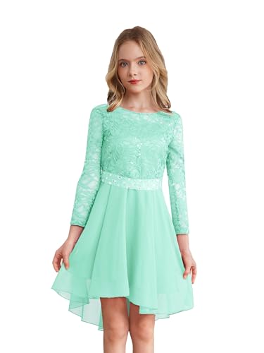 Choomomo Mädchen Festliches Spitzenkleid Langarm Kleid Kleider Blumenmädchenkleider Hochzeit Kinderkleider Prinzessin Party Kleid 5-16 Jahre Minzgrün 134-140 von Choomomo