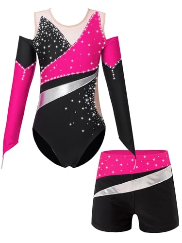 Choomomo Mädchen Glänzend Turnanzug Gymnastikanzug Gymnastikbody Mit Strass Langarm Turntrikot Mit Shorts Wettkampf Tanzkleidung Dancewear Rosa 134-140 von Choomomo