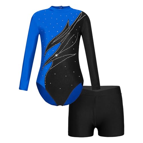 Choomomo Mädchen Turnanzug Glänzend Gymnastikanzug Langarm Turntrikot mit Strass Ballett Tanzbody Mit Shorts Gymnastikbody Tanzbekleidung Dancewear Blau Schwarz 134-140 von Choomomo