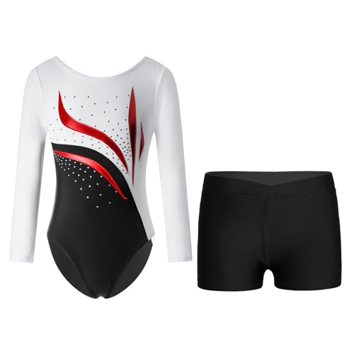 Choomomo Mädchen Turnanzug Glänzend Gymnastikanzug Langarm Turntrikot mit Strass Ballett Tanzbody Mit Shorts Gymnastikbody Tanzbekleidung Dancewear Weiß schwarz A 146-152 von Choomomo