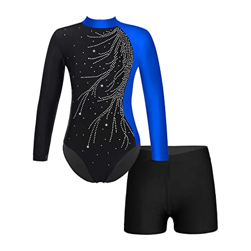 Choomomo Mädchen Turnanzug Gymnastikanzug Glänzend Gymnastikbody Langarm Ballett Tanz Trikot Leotard Mit Shorts Wettkampf Tanzkleidung Dancewear A Blau 158-164 von Choomomo