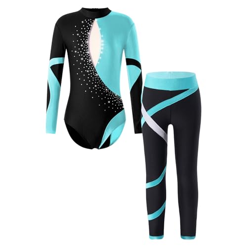 Choomomo Mädchen Turnanzug Gymnastikanzug Glänzend Gymnastikbody Langarm Turntrikot Mit Leggings Wettkampf Tanzkleidung Dancewear D See Blau 134-140 von Choomomo